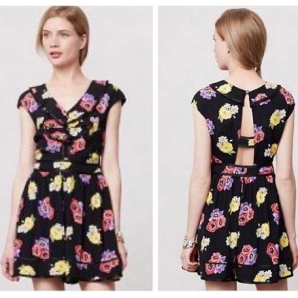 Anthropologie Elevenses Lexa Black Floral Print Romper Shorts Playsuit - Picture 1 of 13